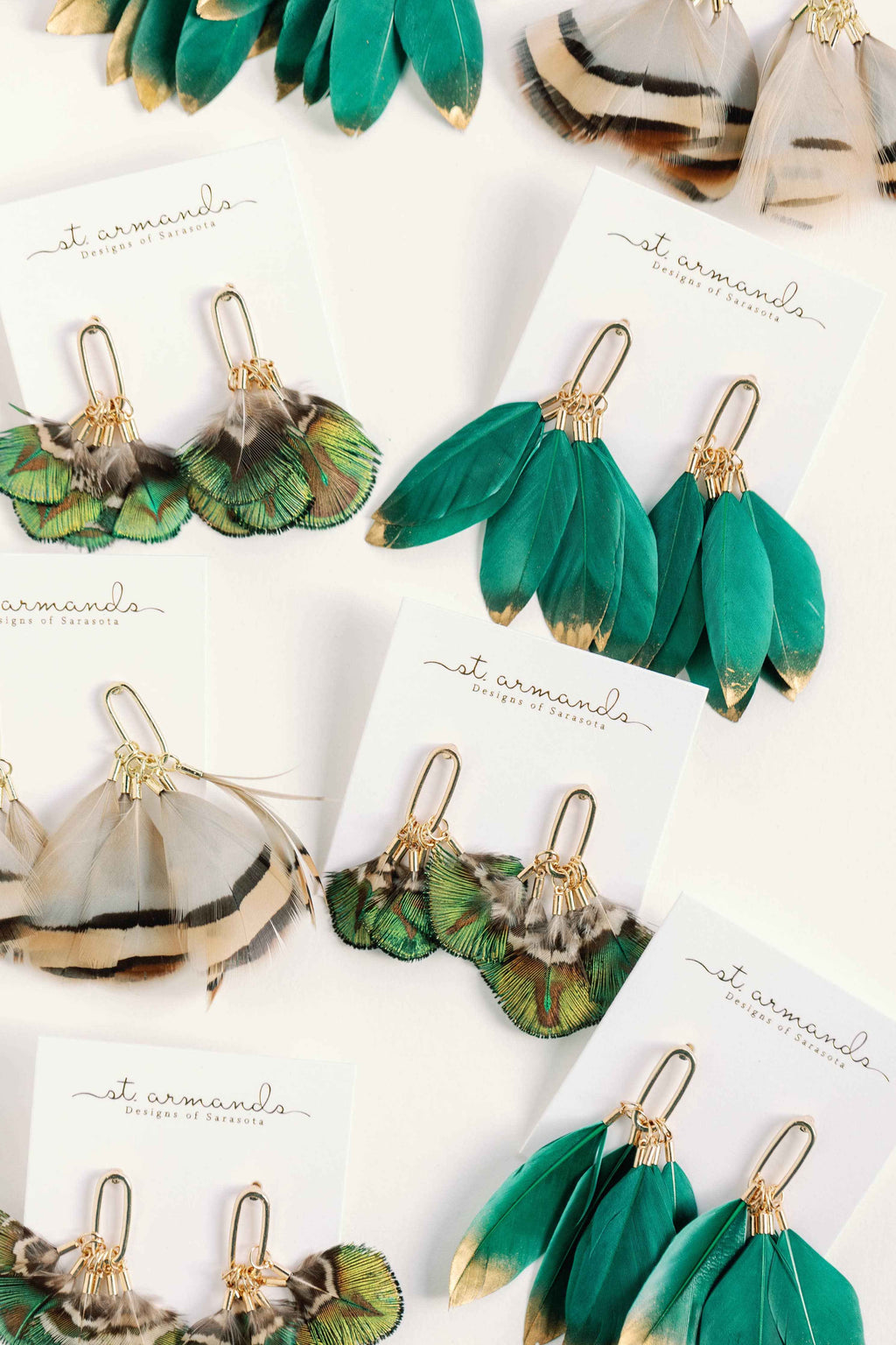 Emerald Gold Dipped Fall Feather Tassel Statement Earrings