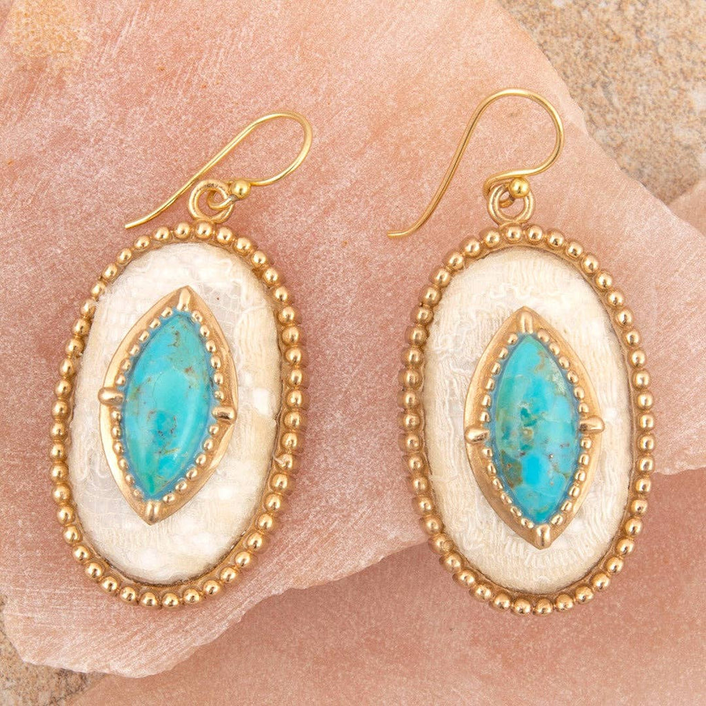 Blue Turquoise and Lace Golden Statement Earrings