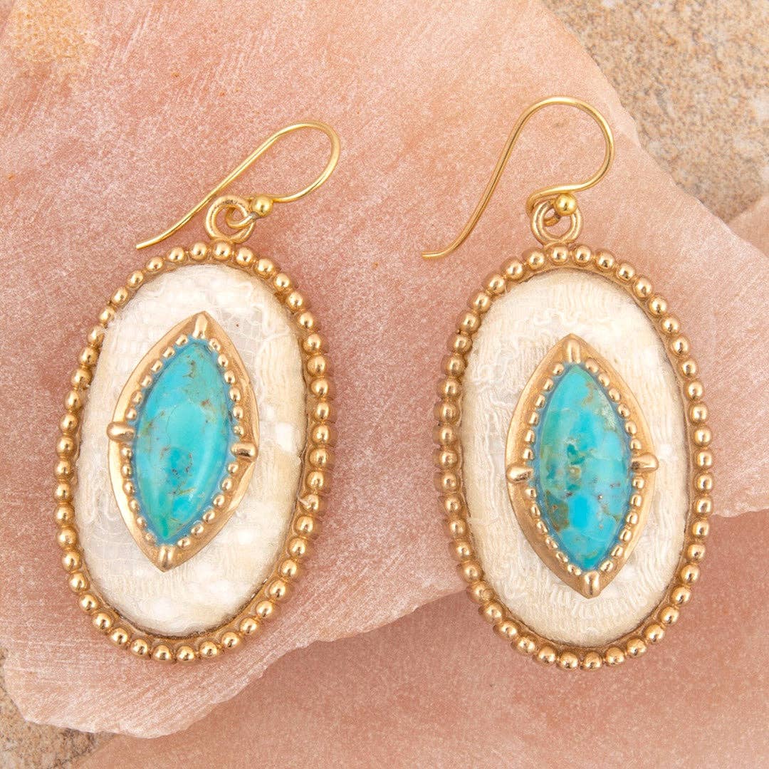 Blue Turquoise and Lace Golden Statement Earrings