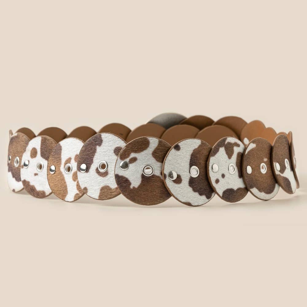 Western Inspired Faux Cowhide Large Round Buckle Belt