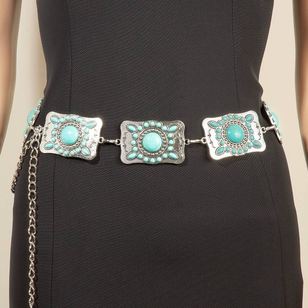 Western Turquoise Studded Rectangle Concho Chain Belt