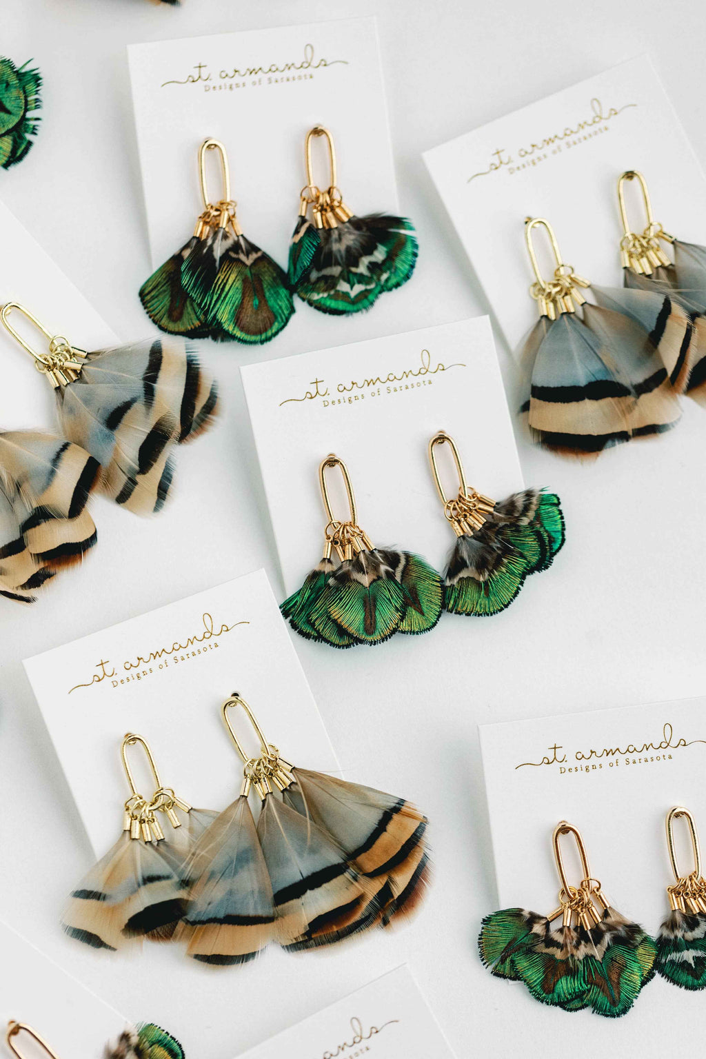 Brown Striped Fall Feather Statement Tassel Earrings
