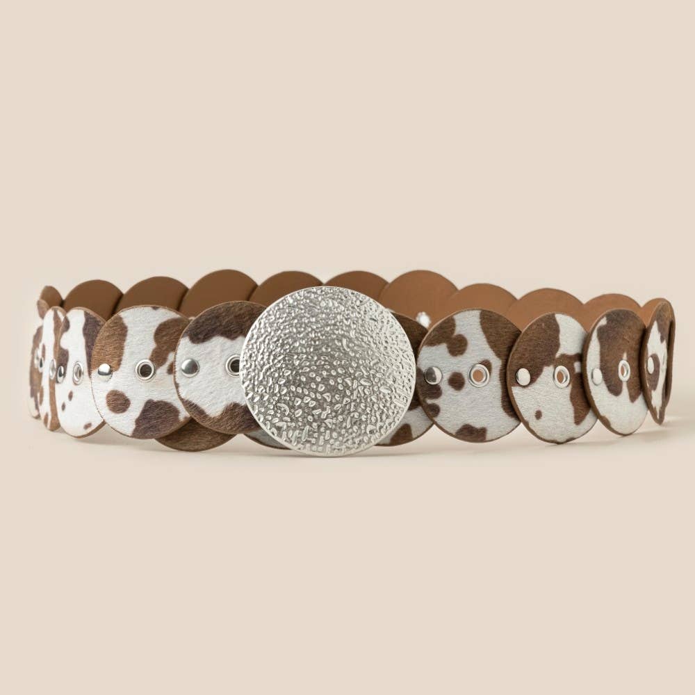 Western Inspired Faux Cowhide Large Round Buckle Belt