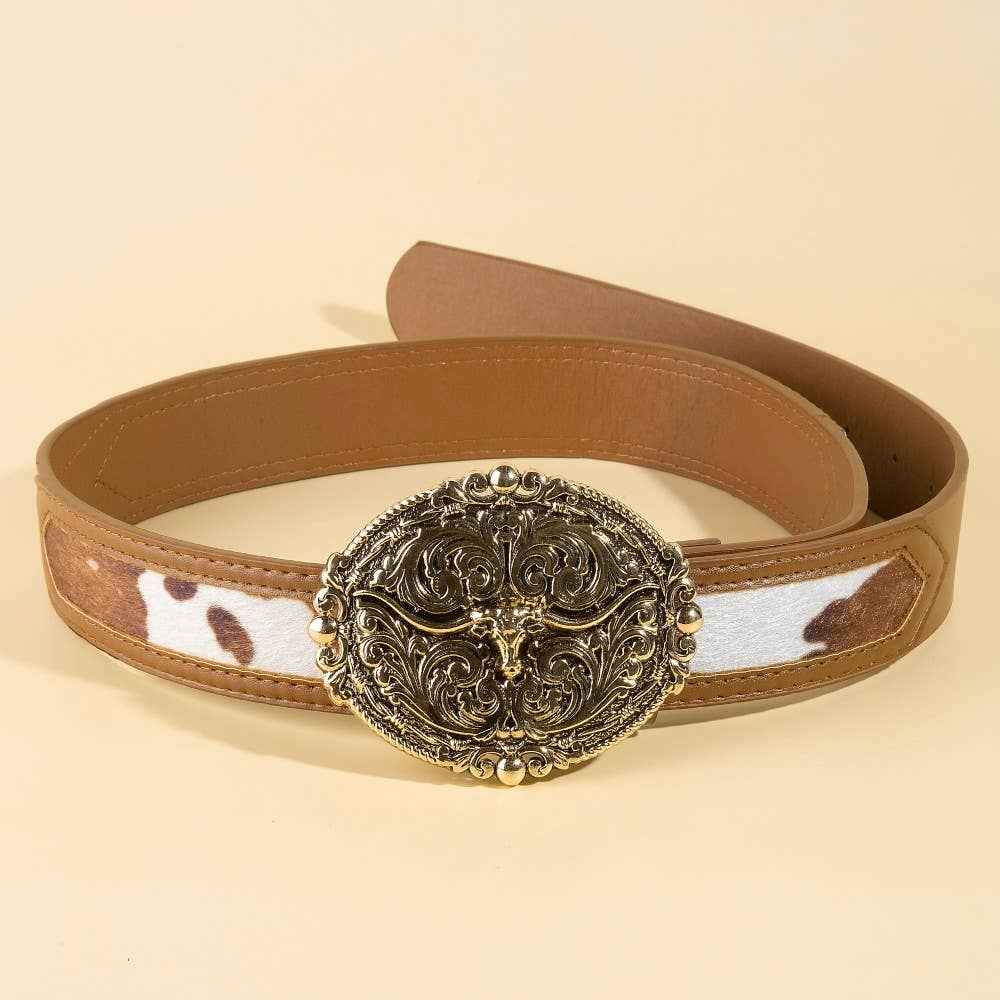 Embroidered Longhorn Western Buckle Vegan Leather Belt