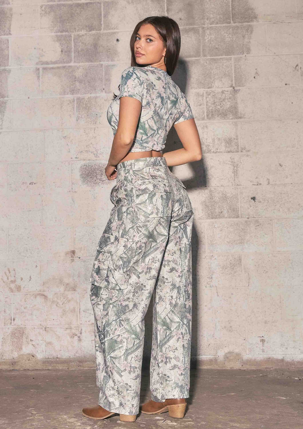 Rhinestone Camo Baggy Barrel Jeans