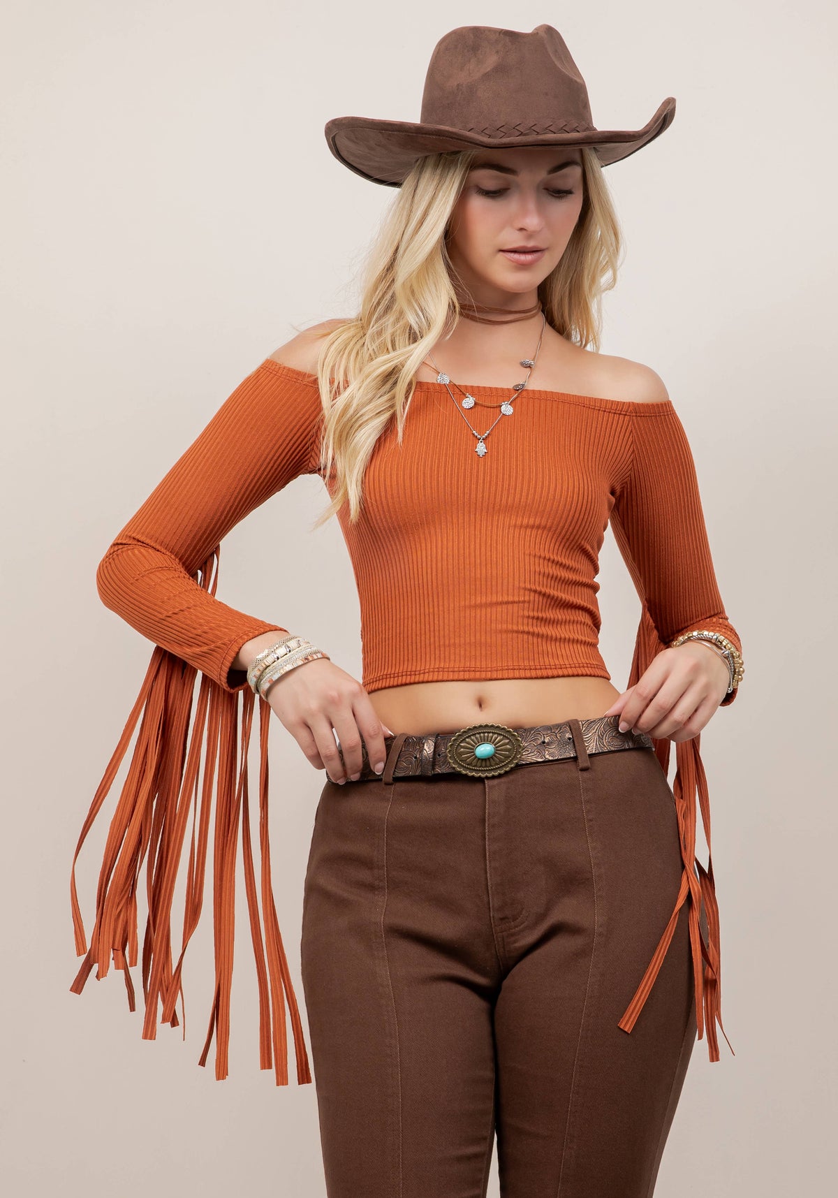 ST7130B RUST FRINGE SLEEVE OFF THE SHOULDER TOP