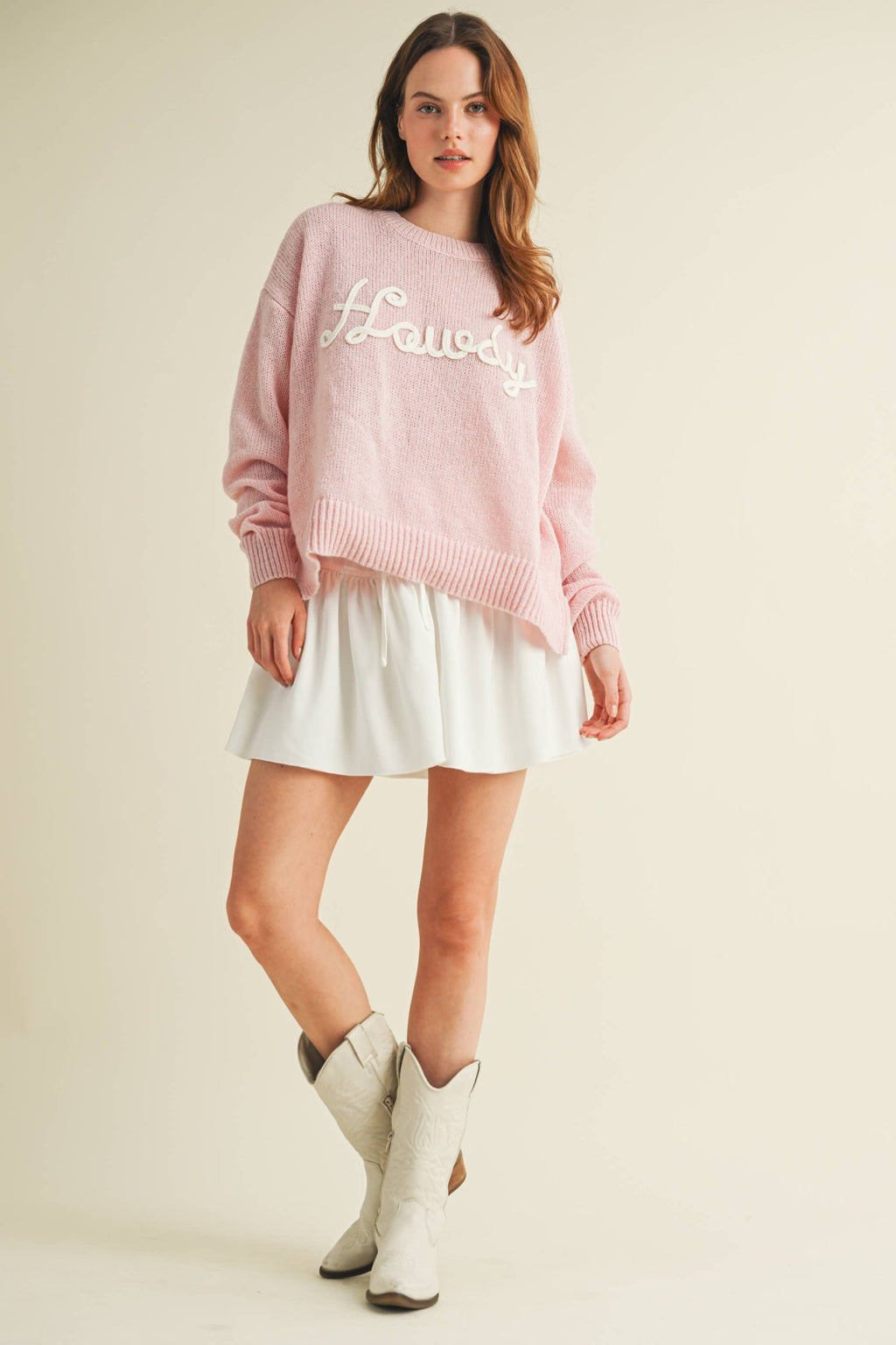 "Howdy" embroidered knit sweater