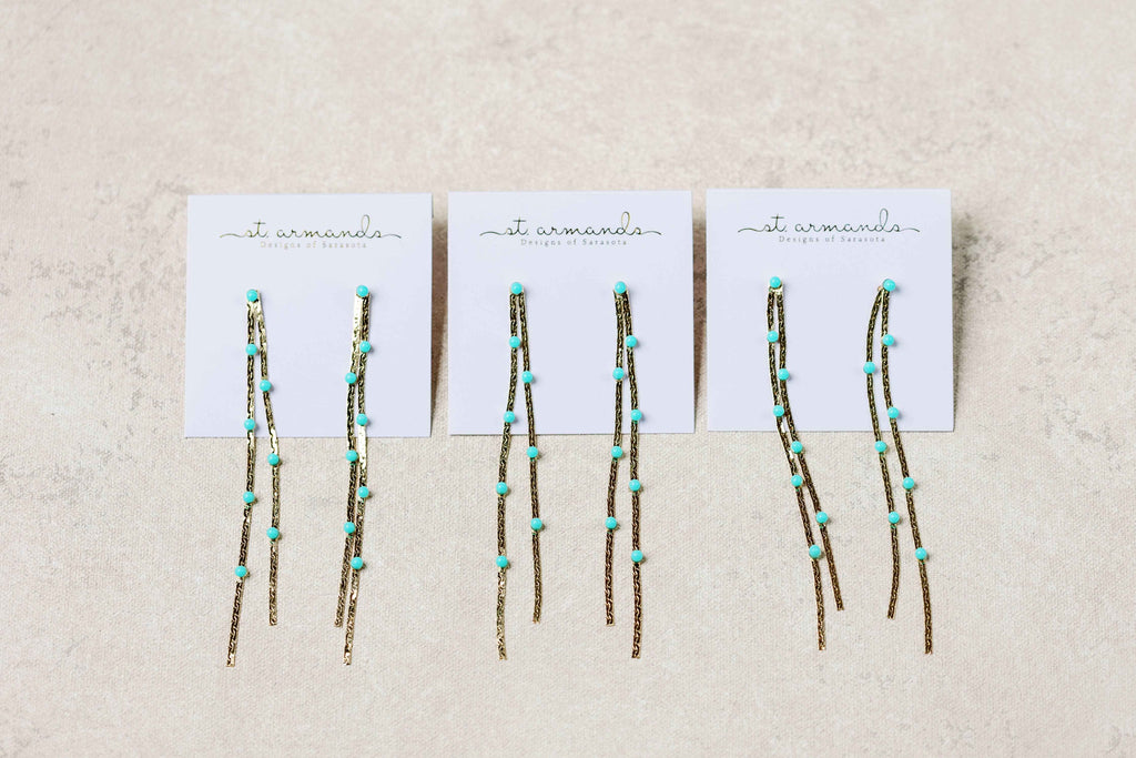 Turquoise Dotted Gold Duster Statement Earrings