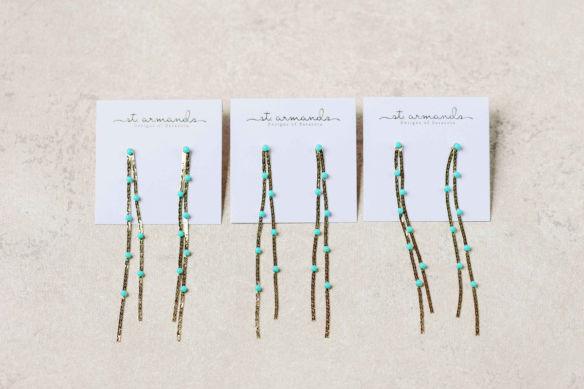Turquoise Dotted Gold Duster Statement Earrings