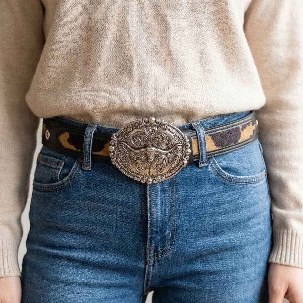 Embroidered Longhorn Western Buckle Vegan Leather Belt