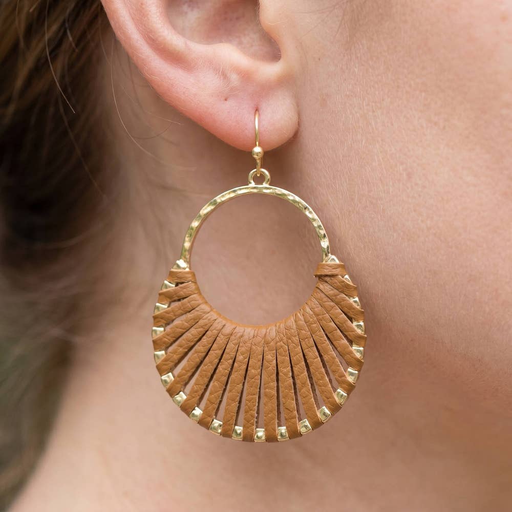 Vegan Leather Woven Fan Hoop Dangle Earrings