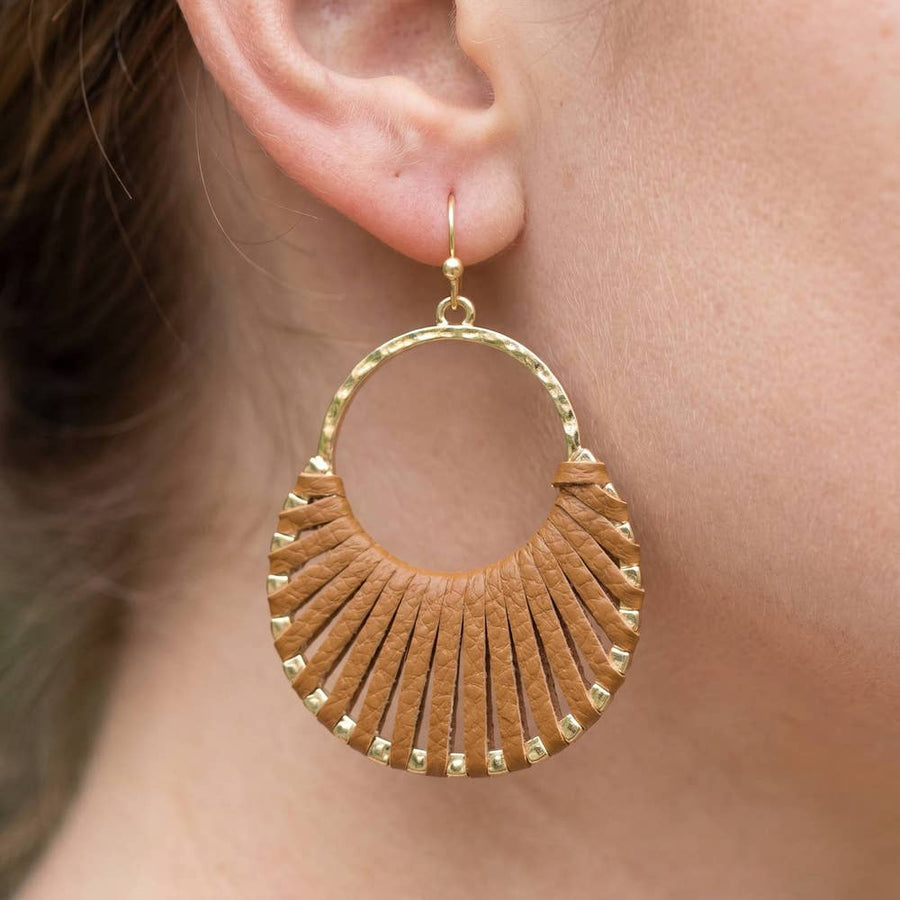 Vegan Leather Woven Fan Hoop Dangle Earrings