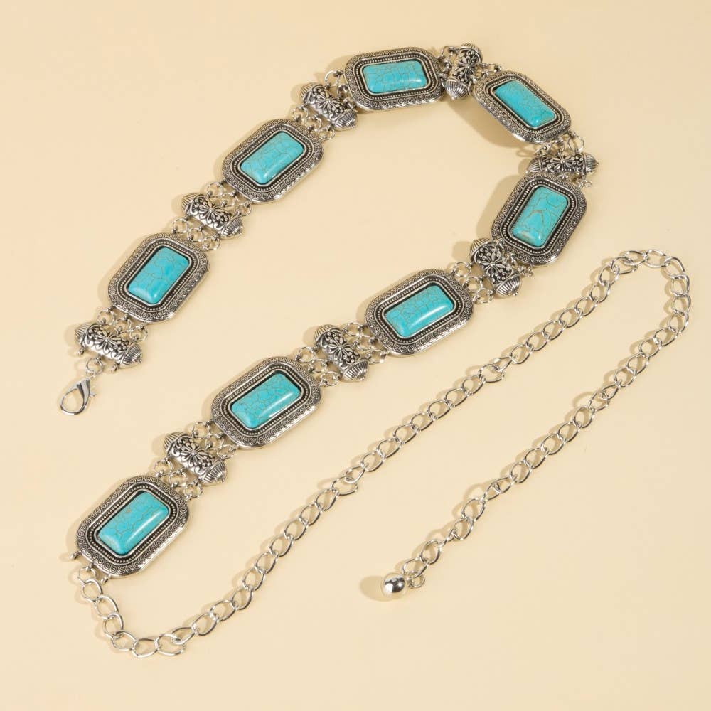 Rectangle Turquoise Stone Western Concho Chain Belt
