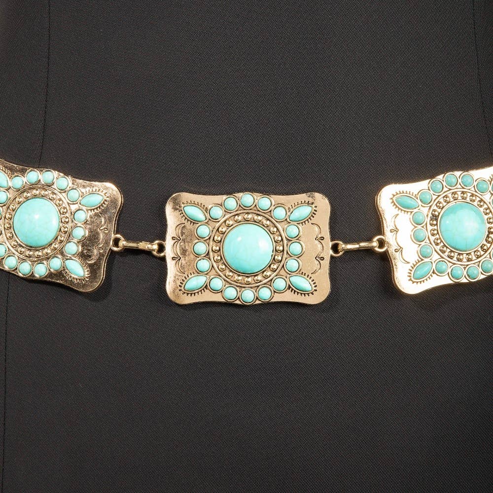 Western Turquoise Studded Rectangle Concho Chain Belt
