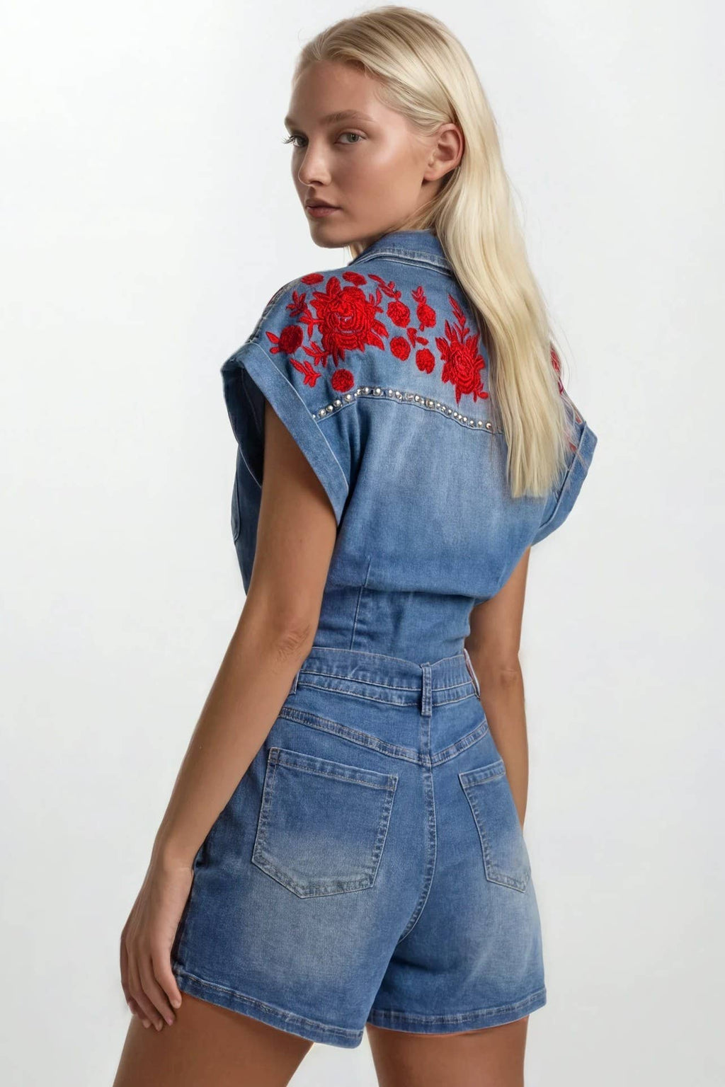 Embroidered Red Roses Denim Romper