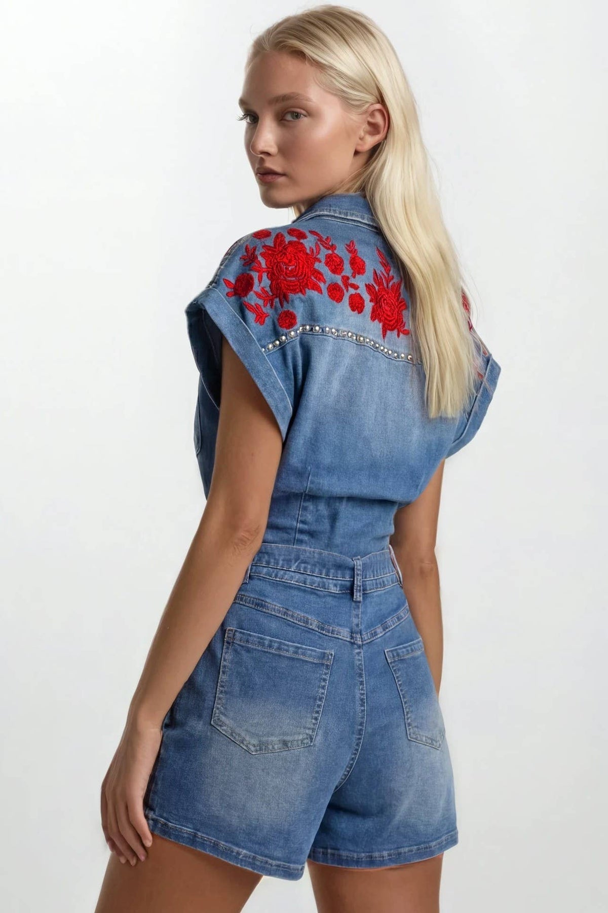 Embroidered Red Roses Denim Romper