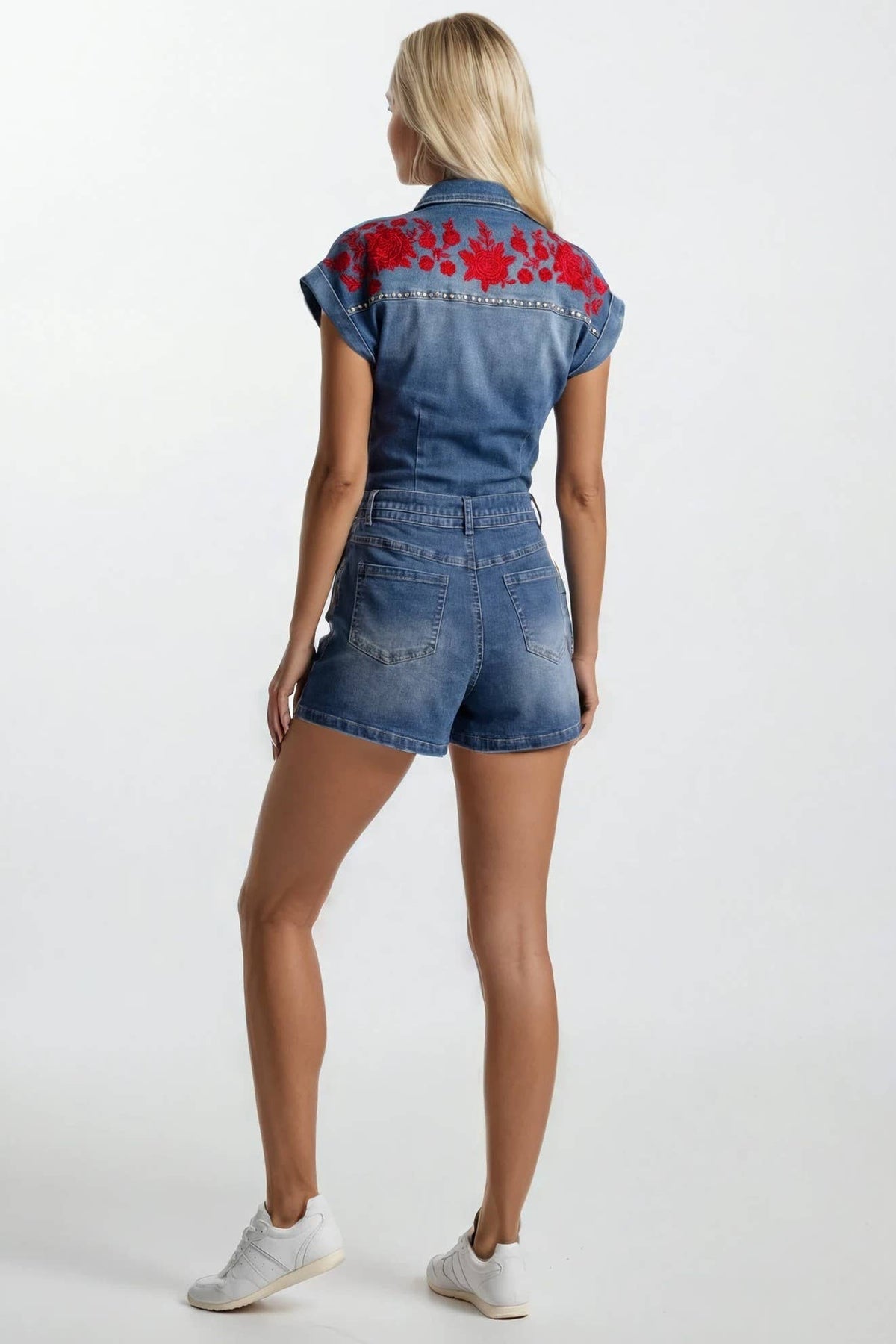 Embroidered Red Roses Denim Romper
