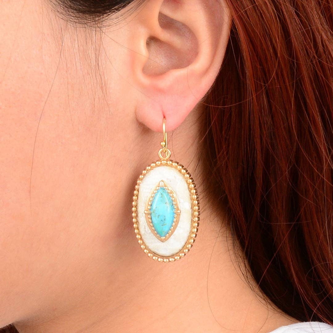 Blue Turquoise and Lace Golden Statement Earrings