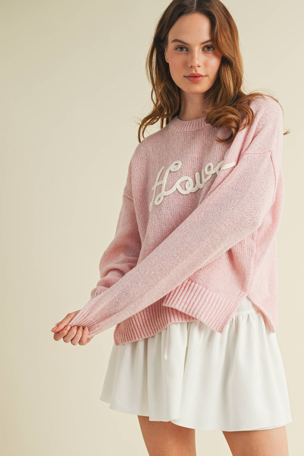 "Howdy" embroidered knit sweater