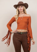 ST7130B RUST FRINGE SLEEVE OFF THE SHOULDER TOP