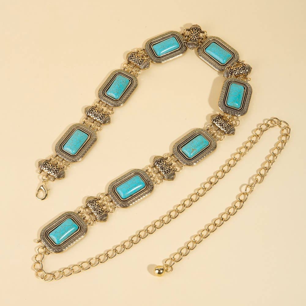 Rectangle Turquoise Stone Western Concho Chain Belt