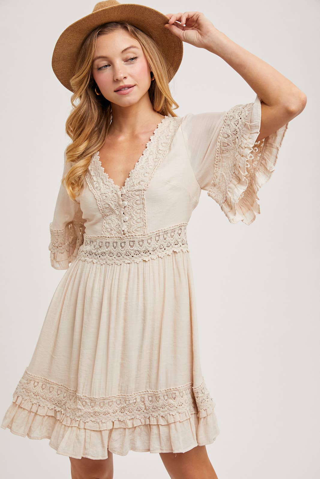 Cream V-Neck Lace Dress
