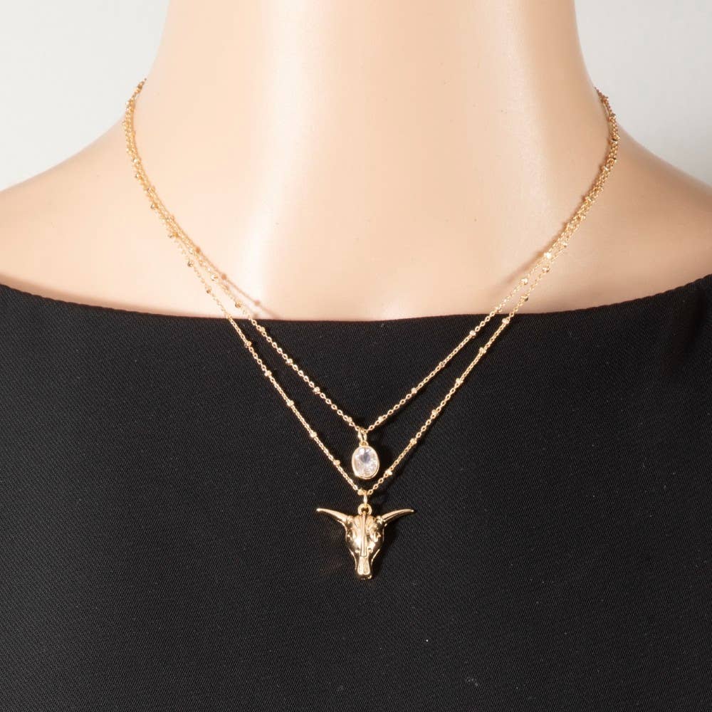 Western Bull Skull & Cz Layered Satellite Chain Necklace