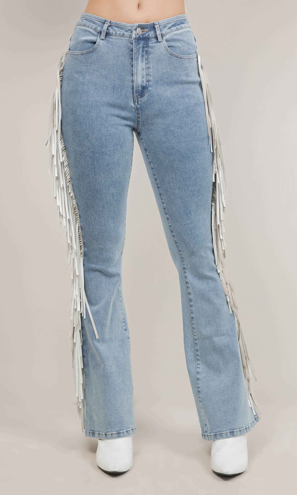CONTRAST SIDE FRINGE DENIM PANTS