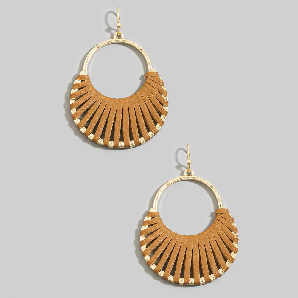 Vegan Leather Woven Fan Hoop Dangle Earrings