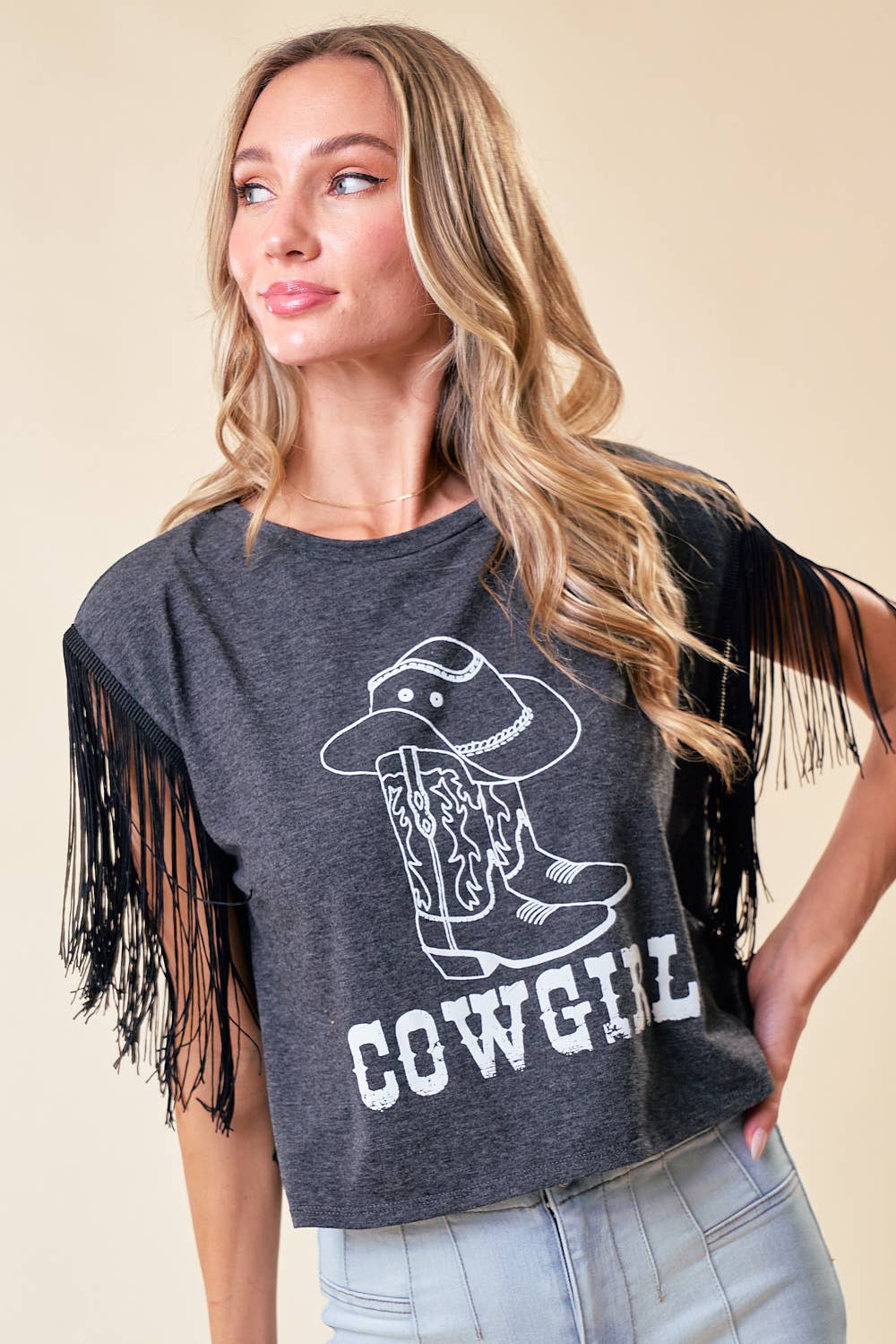 ST3844B CHARCOAL FRINGED COWGIRL GRAPHIC TEE (Copy)