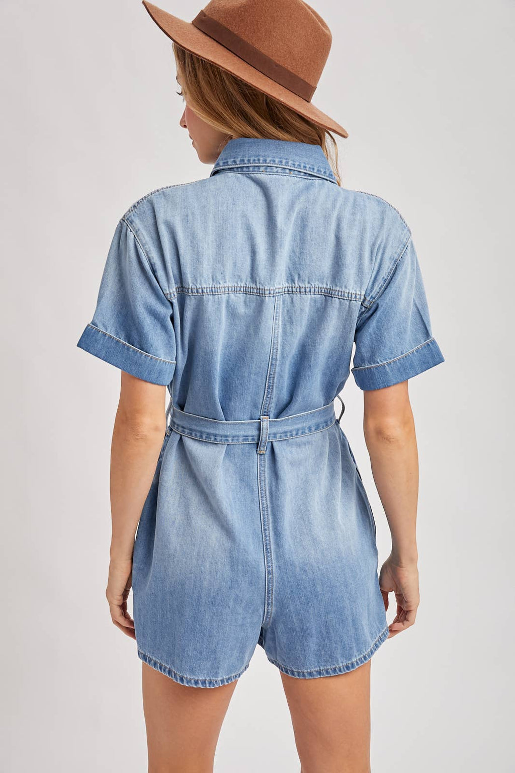 Denim Belted Button Down Romper