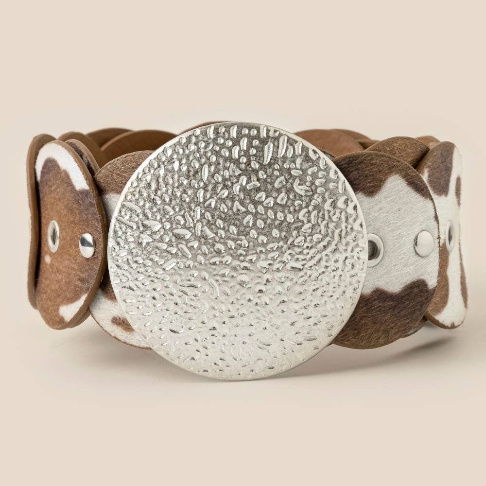 Western Inspired Faux Cowhide Large Round Buckle Belt
