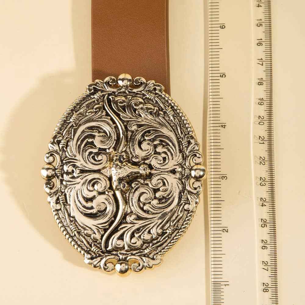 Embroidered Longhorn Western Buckle Vegan Leather Belt