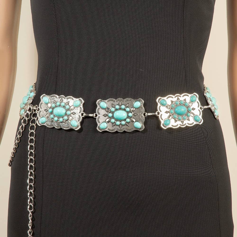 Western Mixed Turquoise Stud Rectangle Concho Chain Belt