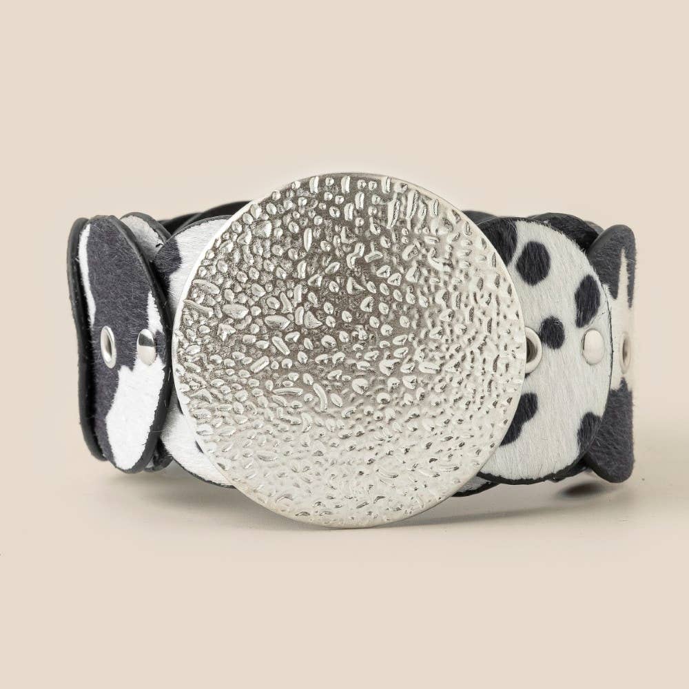 Western Inspired Faux Cowhide Large Round Buckle Belt