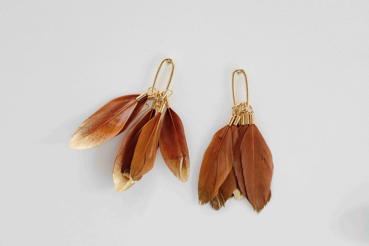 Caramel Gold Dipped Fall Feathers Statement Earrings