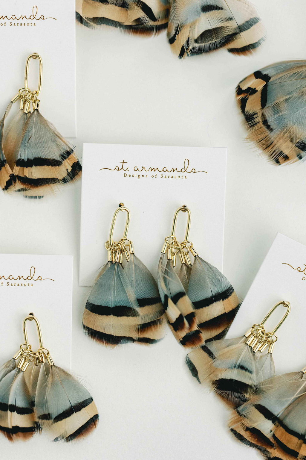 Brown Striped Fall Feather Statement Tassel Earrings