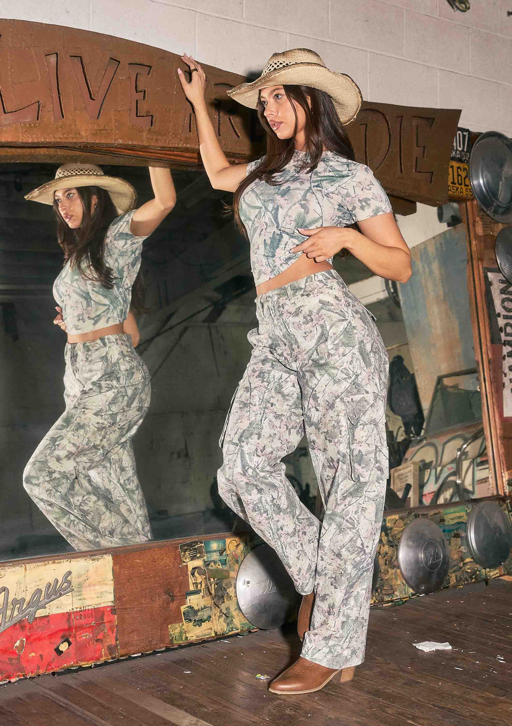 Rhinestone Camo Baggy Barrel Jeans