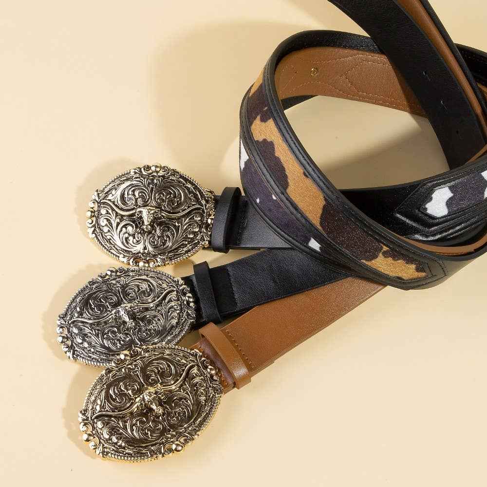 Embroidered Longhorn Western Buckle Vegan Leather Belt