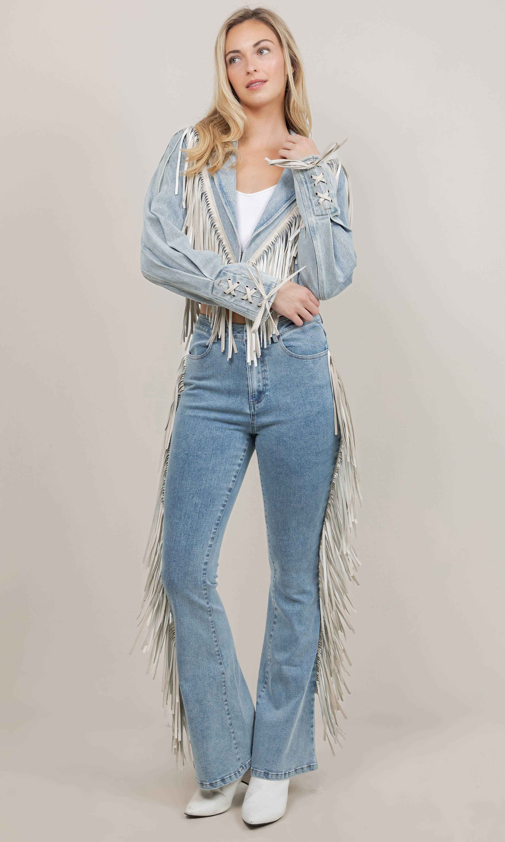 CONTRAST SIDE FRINGE DENIM PANTS