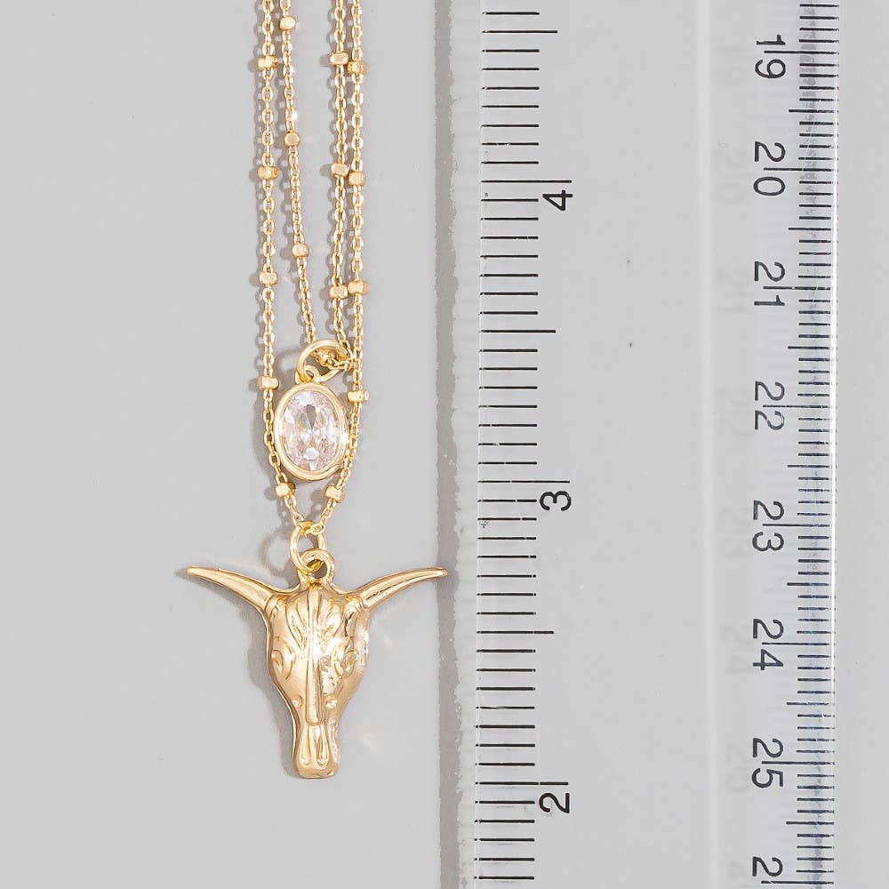 Western Bull Skull & Cz Layered Satellite Chain Necklace