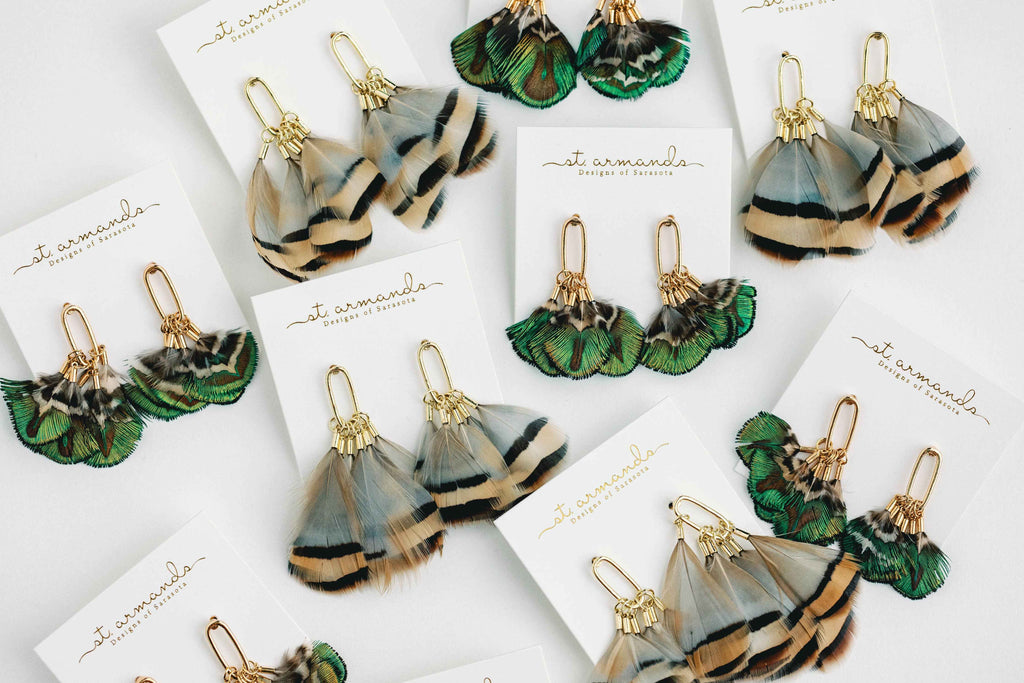 Brown Striped Fall Feather Statement Tassel Earrings