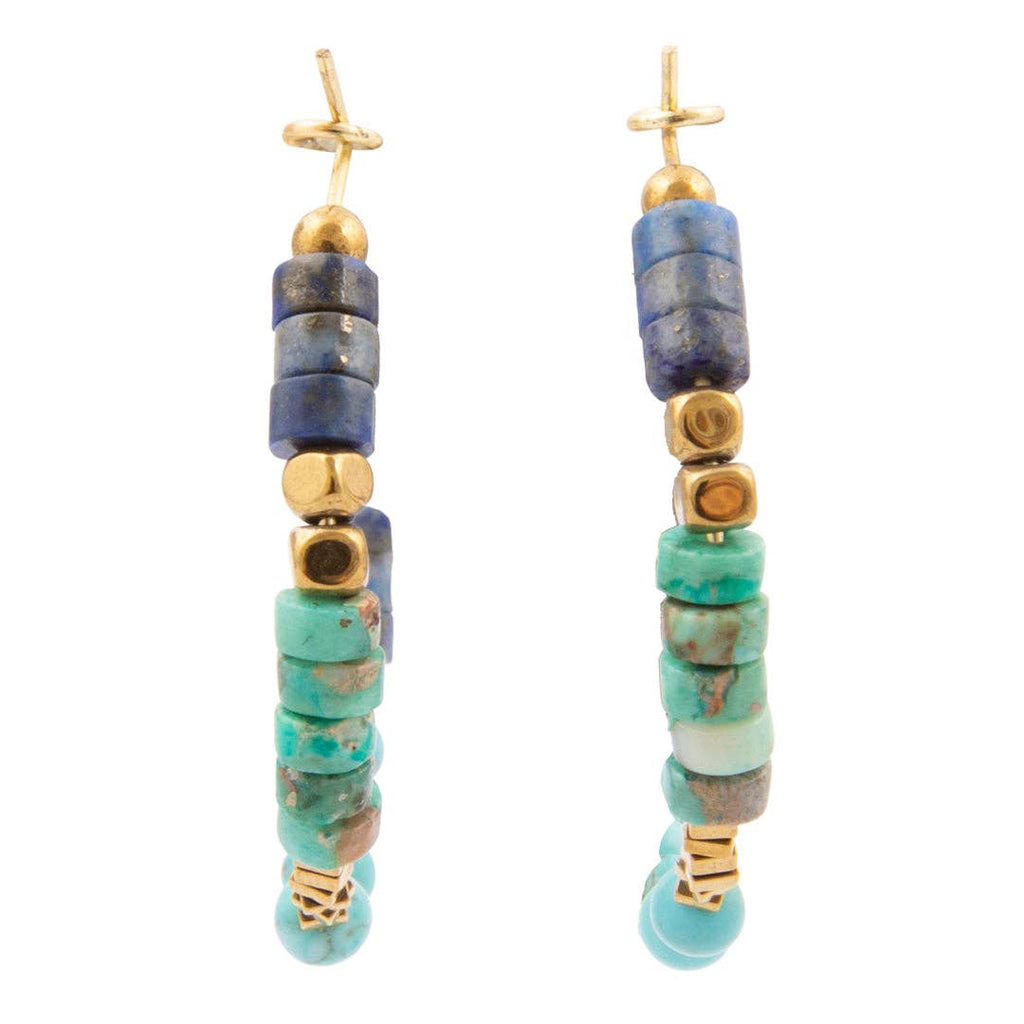 Blue Turquoise and Blue Lapis Golden Hoop Earrings