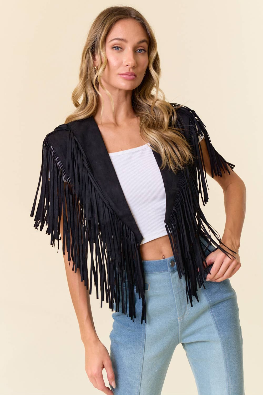 BLACK TRENDY WESTERN FRINGE SUEDE COLLAR-SHRUG