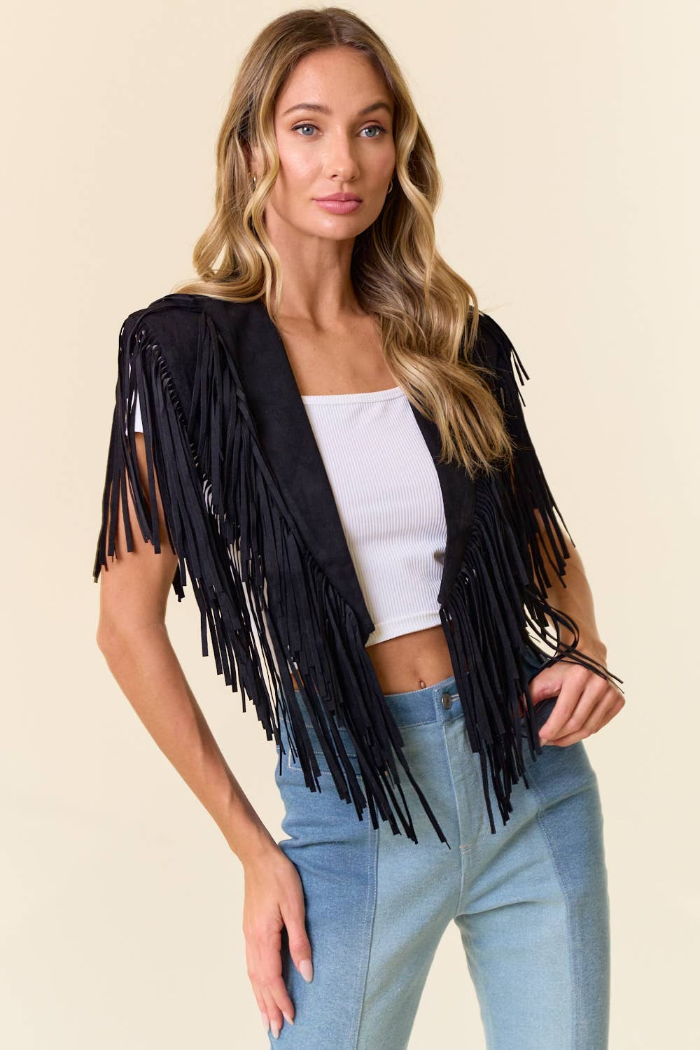 BLACK TRENDY WESTERN FRINGE SUEDE COLLAR-SHRUG