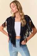 BLACK TRENDY WESTERN FRINGE SUEDE COLLAR-SHRUG