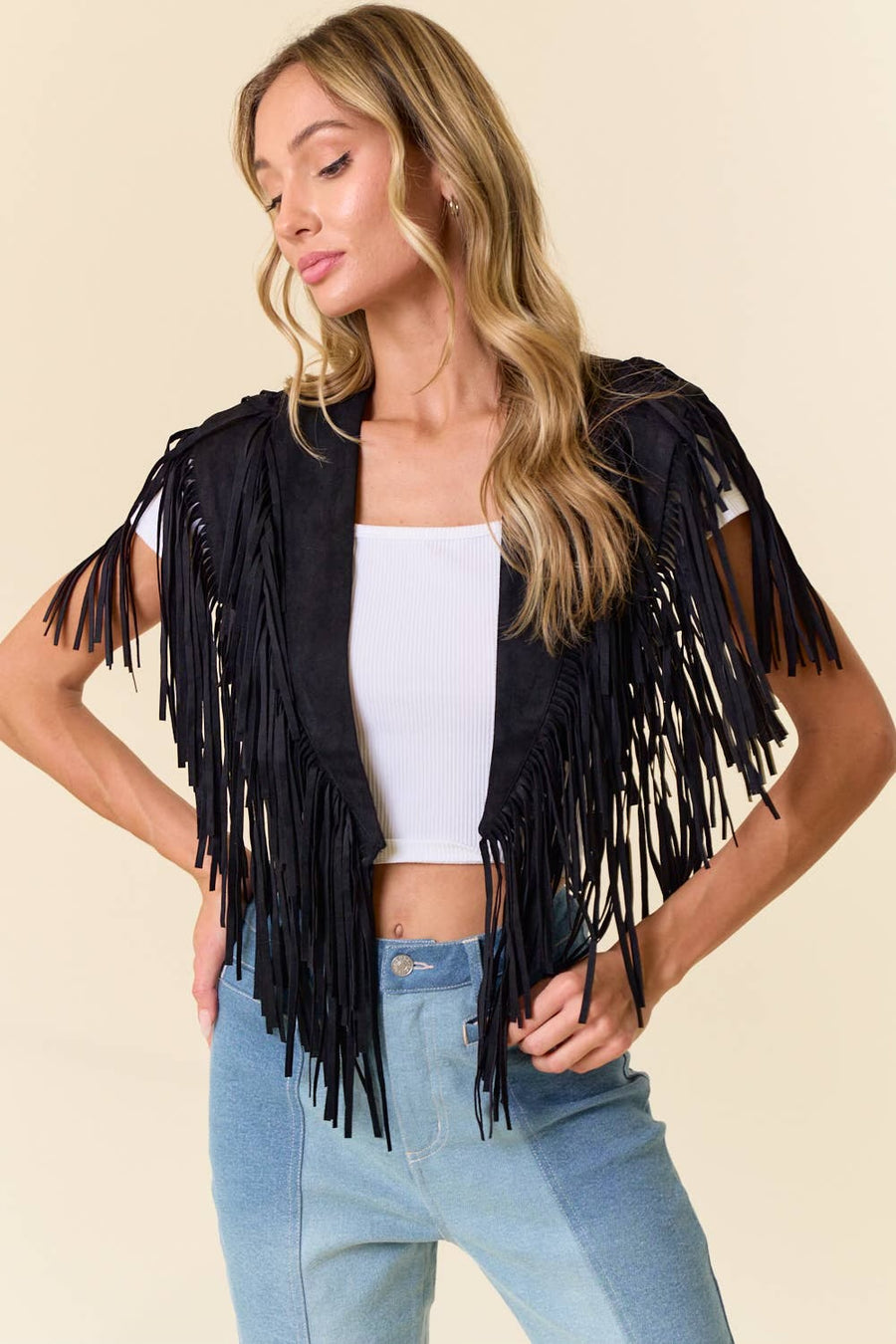 BLACK TRENDY WESTERN FRINGE SUEDE COLLAR-SHRUG