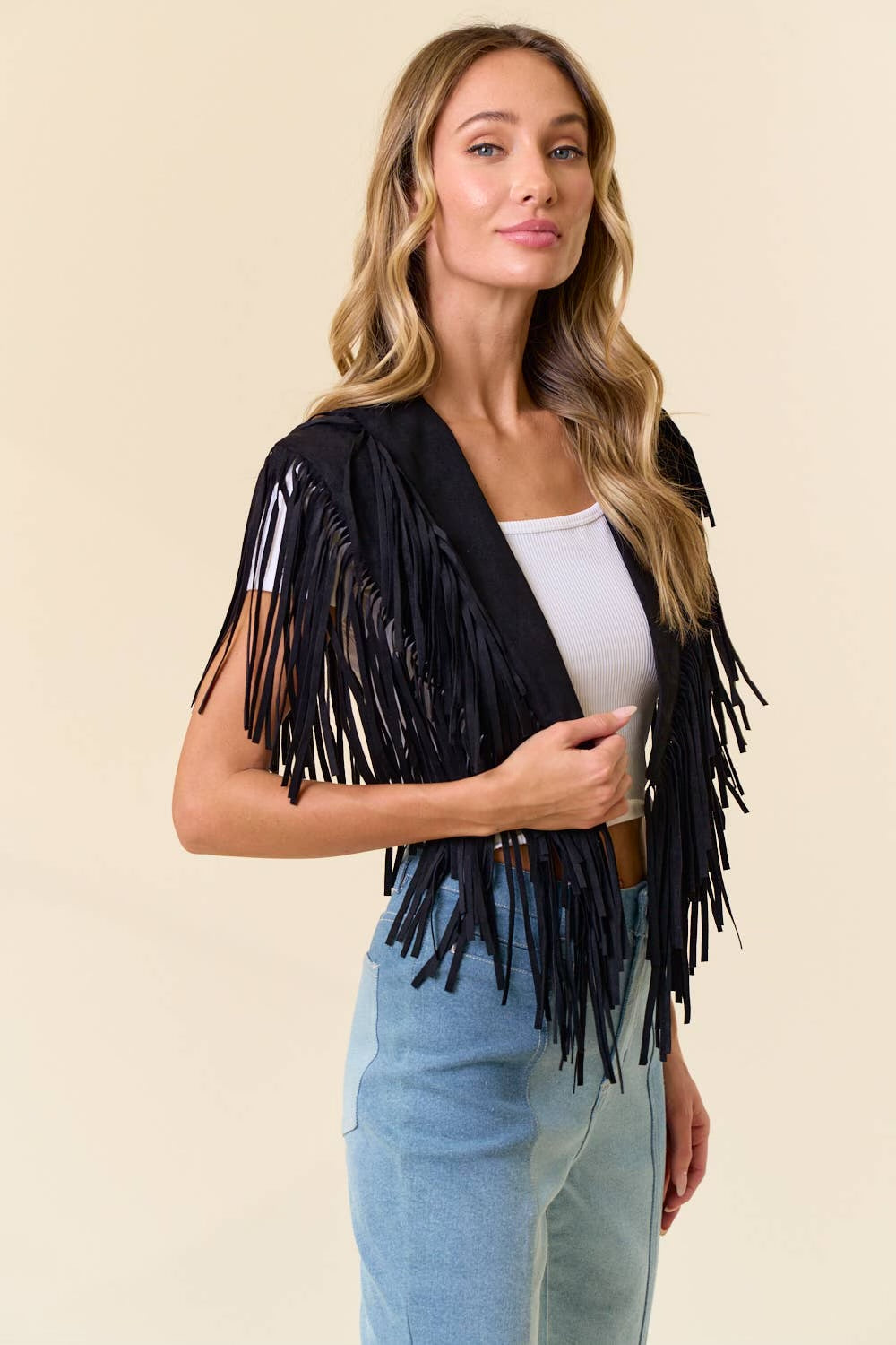 BLACK TRENDY WESTERN FRINGE SUEDE COLLAR-SHRUG