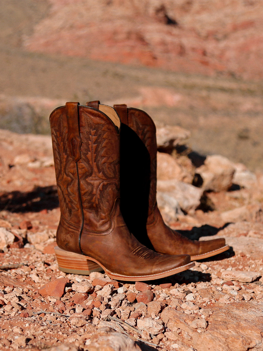 MEN'S EMBROIDERY BROWN GOAT NARROW SQUARE TOE COWBOY BOOT
