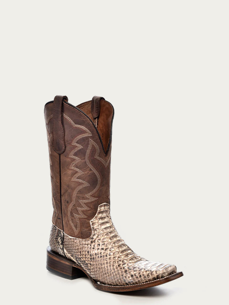 MEN'S EMBROIDERY NATURAL PYTHON BROWN SQUARE TOE COWBOY BOOT